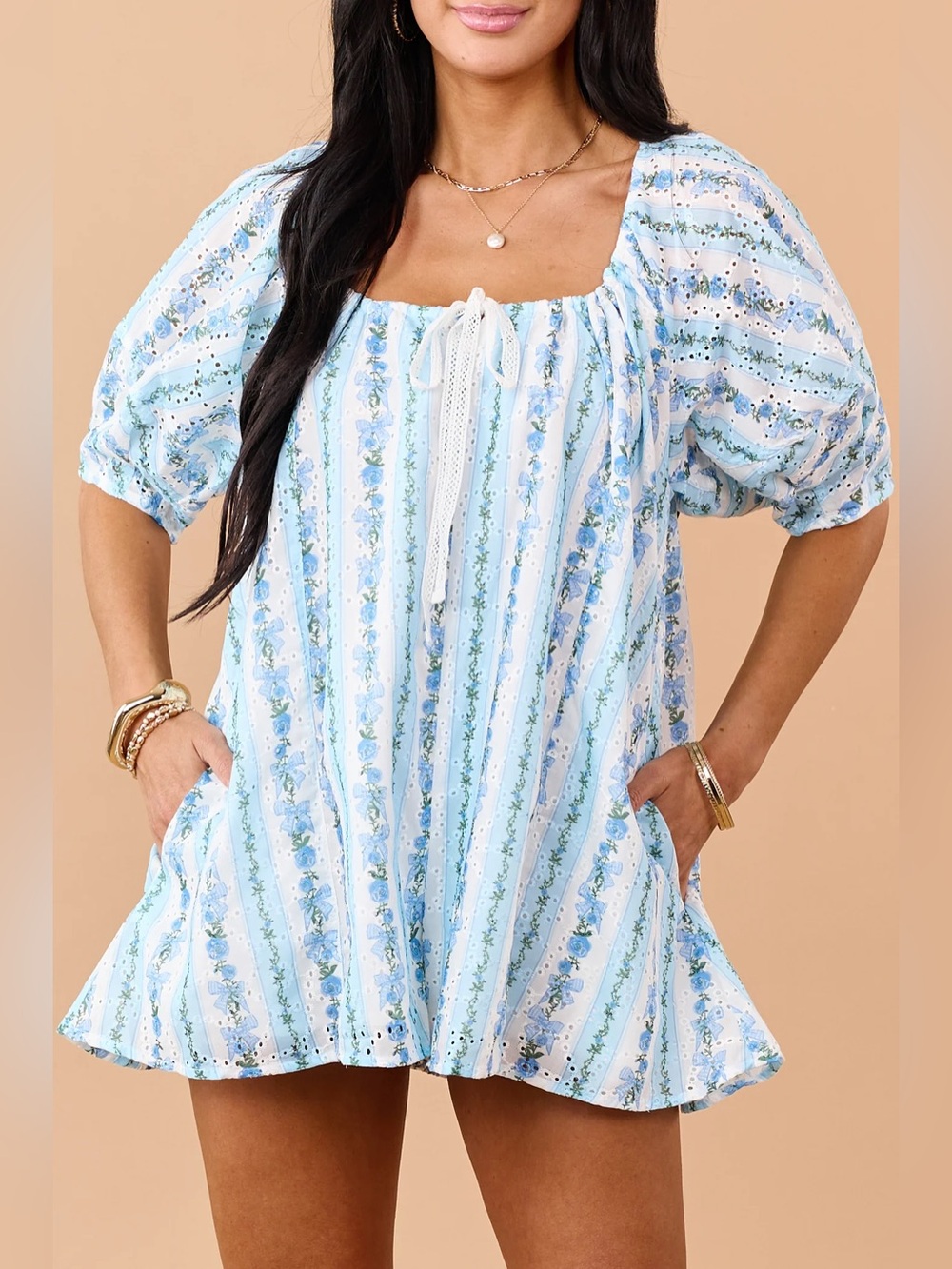 NWT Sky Blue Floral Striped Eyelet Lace Shorts Romper Size Small